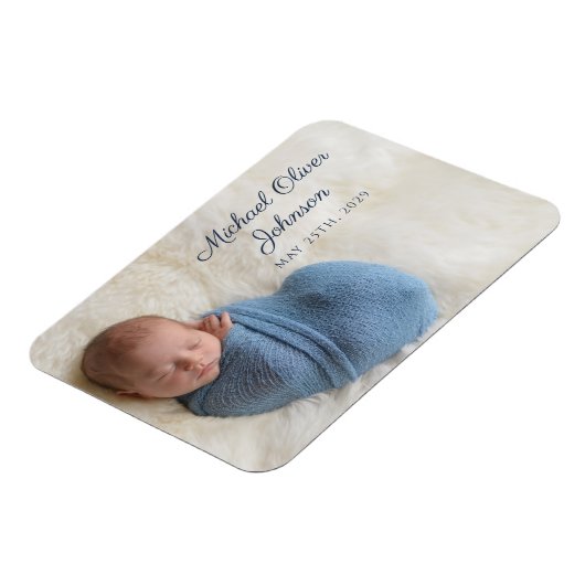 Blue Name Birth Date Script Baby Foto Magnet (Linke Seite)