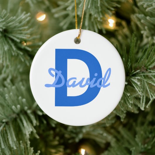 Blue Name & Monogram Aufkleber Keramik Ornament (Baum)