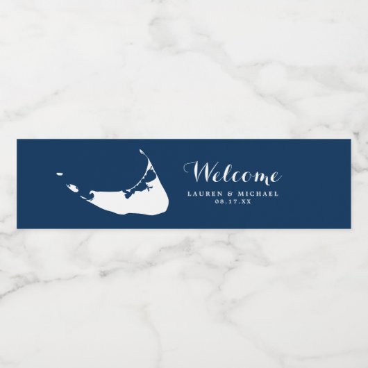 Blue Nantucket Island Map Wedding Wasserflaschenetikett (Einzelnes Label)