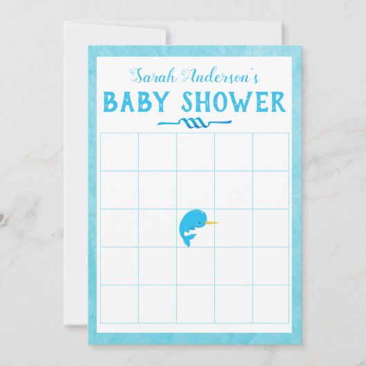 Blue Narwhal Baby Dusche Bingo Spiel Einladung (Vorderseite)