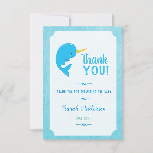 Blue Narwhal Baby Dusche Vielen Dank Dankeskarte (Vorderseite)