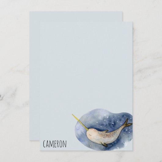 Blue Narwhal Modern Watercolor Ocean Personalized Mitteilungskarte (Vorne/Hinten)