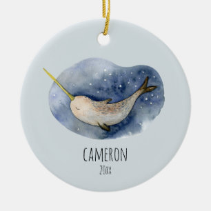 Blue Narwhal Modernes Wasserfarben Personalisiert  Keramik Ornament