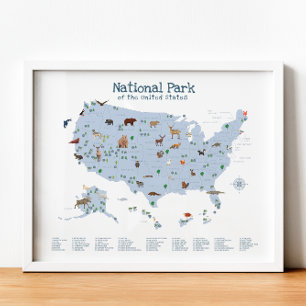 Blue National Park Map Woodland Kinderzimmer Print Poster