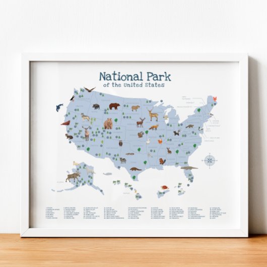 Blue National Park Map Woodland Kinderzimmer Print Poster