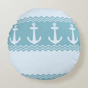 Blue Nautic Anchor Coastal Streifen Rundes Kissen