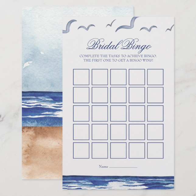 Blue Nautic Coastal Sea Bridal Bingo Game Card (Vorne/Hinten)