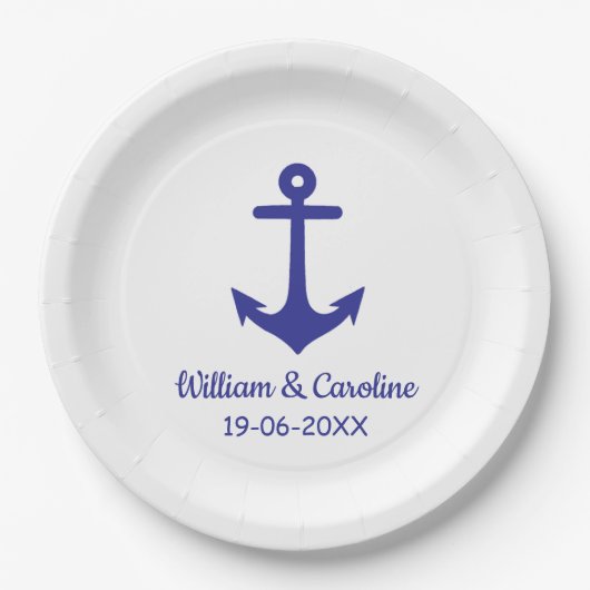 Blue Nautical Anchor Beach Hochzeit in Urlaubsort Pappteller (Vorderseite)