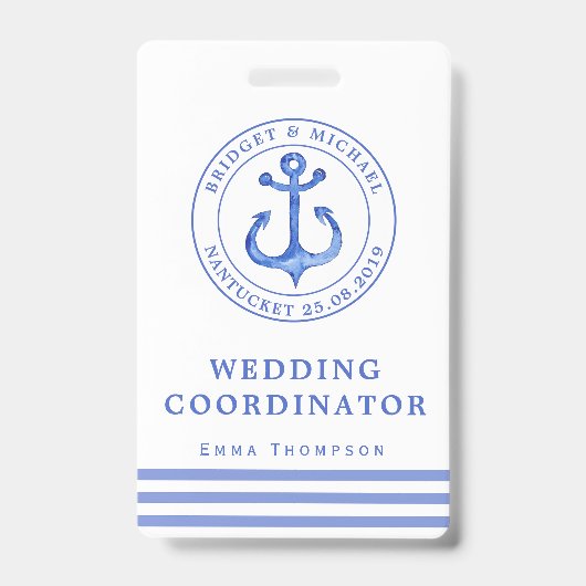 Blue Nautical Anchor | Hochzeitsplaner Ausweis (Vorderseite)