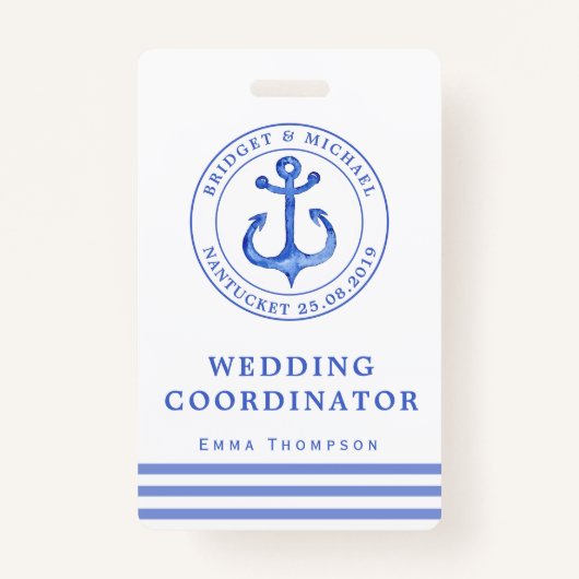 Blue Nautical Anchor | Hochzeitsplaner Ausweis (Vorderseite)