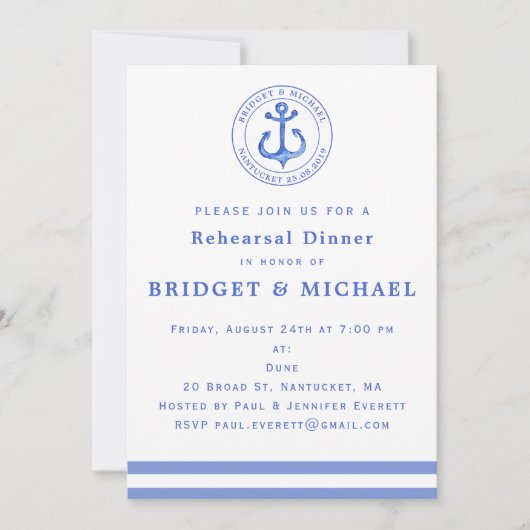 Blue Nautical Anchor Probe Dinner Einladung (Vorderseite)