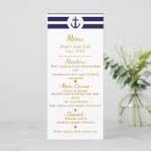 Blue Nautical Anchor & Stripes Wedding Menu Menükarte (Stehend Vorderseite)