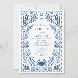 Blue Nautical Crab Shell Ocean Beach Wedding Einladung
