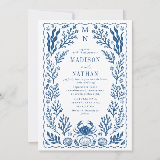 Blue Nautical Crab Shell Ocean Beach Wedding Einladung (Vorderseite)