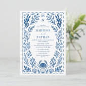 Blue Nautical Crab Shell Ocean Beach Wedding Einladung (Stehend Vorderseite)