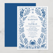 Blue Nautical Crab Shell Ocean Beach Wedding Einladung (Vorne/Hinten)