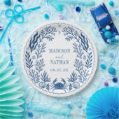 Blue Nautical Crab Shell Ocean Beach Wedding Pappteller (Party)