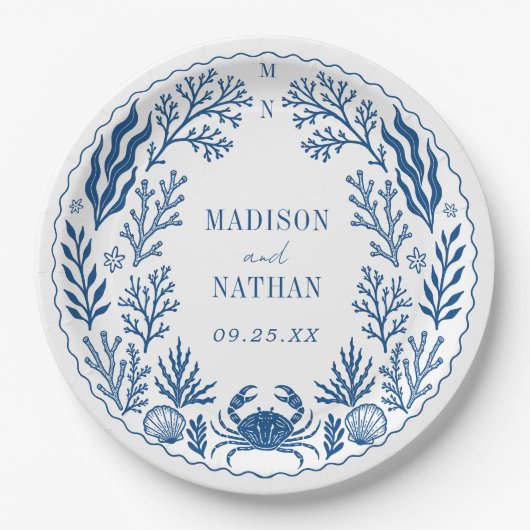 Blue Nautical Crab Shell Ocean Beach Wedding Pappteller (Vorderseite)