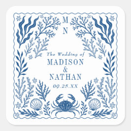 Blue Nautical Crab Shell Ocean Beach Wedding Quadratischer Aufkleber