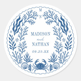 Blue Nautical Crab Shell Ocean Beach Wedding Runder Aufkleber