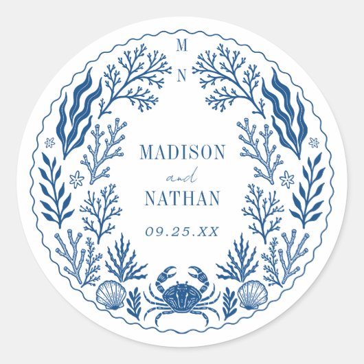 Blue Nautical Crab Shell Ocean Beach Wedding Runder Aufkleber (Vorderseite)