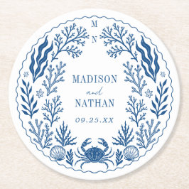 Blue Nautical Crab Shell Ocean Beach Wedding Runder Pappuntersetzer