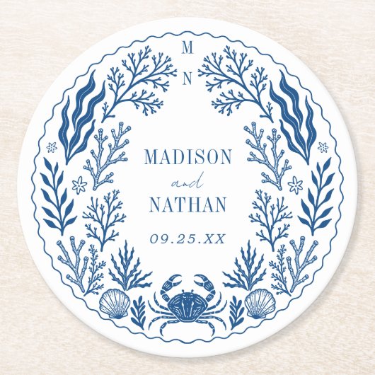 Blue Nautical Crab Shell Ocean Beach Wedding Runder Pappuntersetzer (Vorderseite)