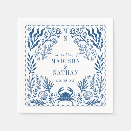 Blue Nautical Crab Shell Ocean Beach Wedding Serviette (Vorderseite)