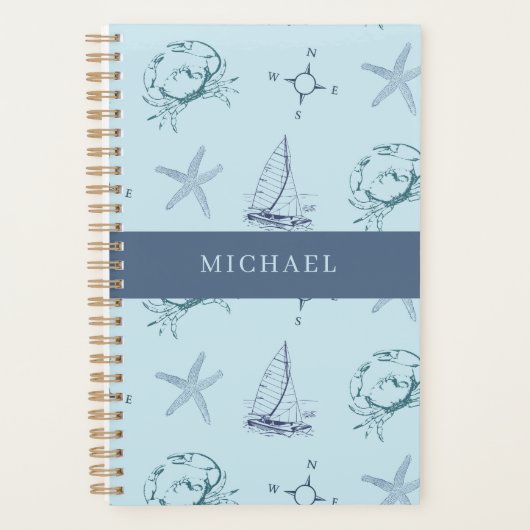 Blue Nautical Crab Starfish Boat Pattern Planner Planer (Vorderseite)