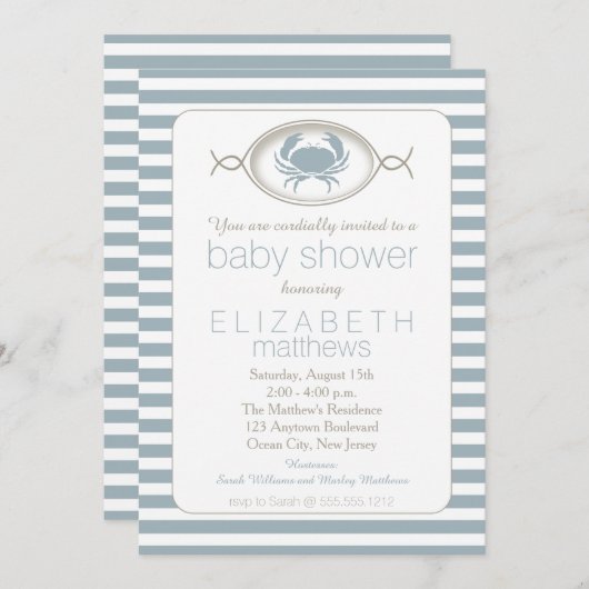 Blue Nautical Crab Striping Baby Dusche Einladung (Vorne/Hinten)