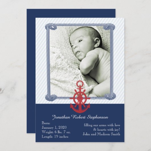 Blue Nautical Foto Baby Ankündigung (Vorne/Hinten)