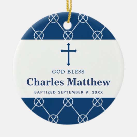 Blue Nautical Knot Classic Beach Boy Taufe Keramik Ornament (Vorne)