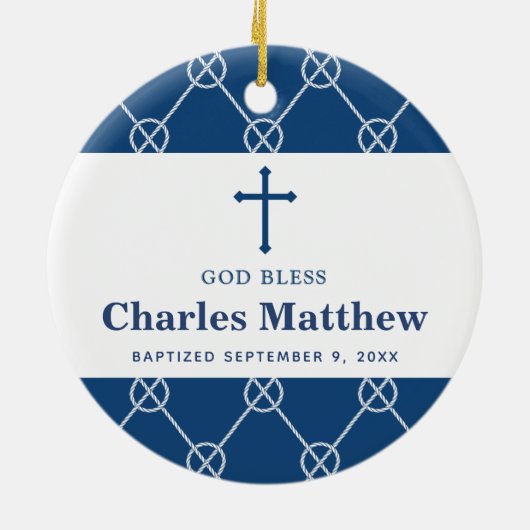 Blue Nautical Knot Classic Beach Boy Taufe Keramik Ornament (Hinten)