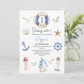Blue Nautical Sailing in One 1. Geburtstag Einladung (Stehend Vorderseite)