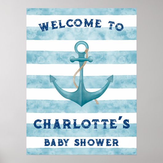 Blue Nautical Sailor Baby Dusche Begrüßungszeichen Poster (Vorne)