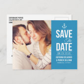 BLUE NAUTICAL SCRIPT FOTO SAVE THE DATE POSTCARD ANKÜNDIGUNGSPOSTKARTE (Vorne/Hinten)