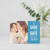 BLUE NAUTICAL SCRIPT FOTO SAVE THE DATE POSTCARD ANKÜNDIGUNGSPOSTKARTE (Stehend Vorderseite)
