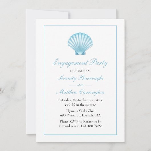 Blue Nautical Seashell Wedding Engagement Party Einladung (Vorderseite)