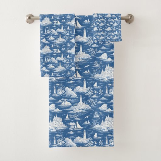 Blue Nautical Toile de Jouy Badhandtuch Set (Insitu)