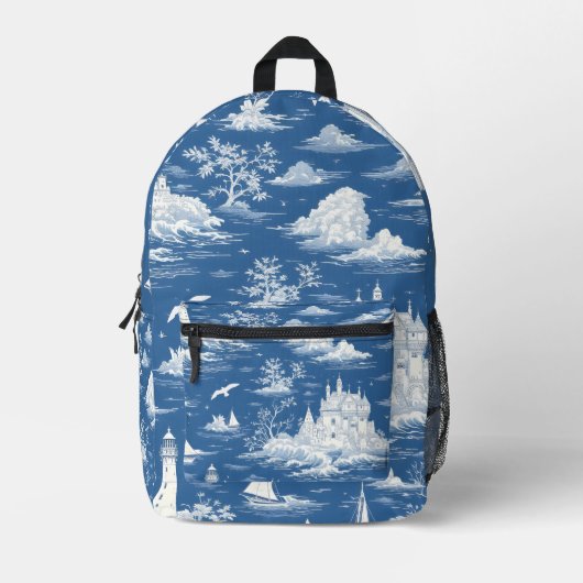 Blue Nautical Toile de Jouy Bedruckter Rucksack (Vorderseite)