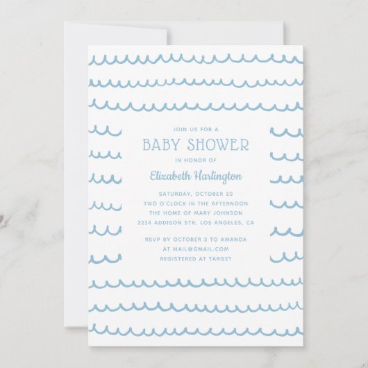 Blue Nautical Waves Baby Dusche | Moderne Küste Einladung (Vorderseite)