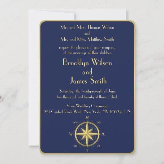 Blue Nautical Wedding Einladungen Gold Compass (Vorderseite)