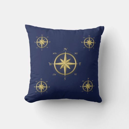 Blue Nautical Wedding Pillows Gold Compass Kissen (Vorderseite)