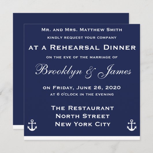 Blue Nautical Wedding Probe Dinner Einladungen (Vorne/Hinten)