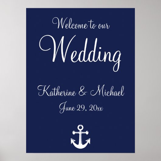 Blue Nautical Wedding Willkommenszeichen mit Anker Poster (Vorne)