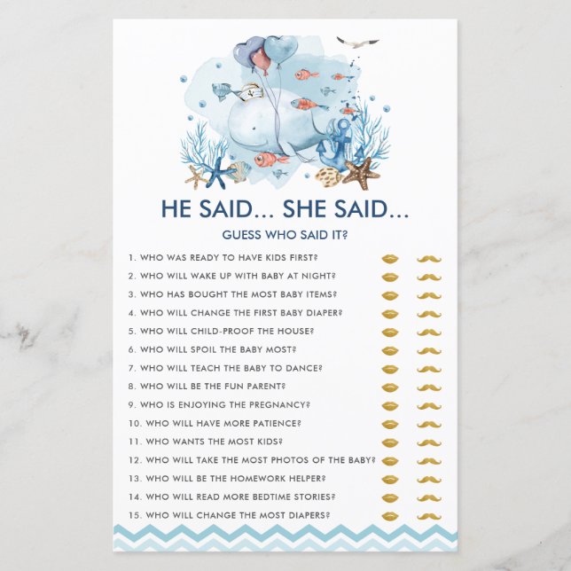 Blue Nautical Whale Er sagte, sie sagte Spiel (Vorderseite)