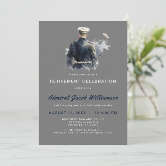 Blue Naval Silouette Retirement Einladung (Stehend Vorderseite)