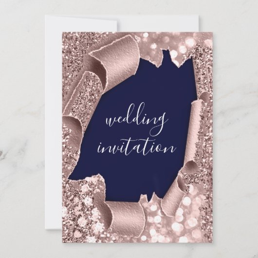 Blue Navy 3D Rose Gold Wedding Glitzer Einladung (Vorderseite)