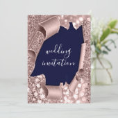 Blue Navy 3D Rose Gold Wedding Glitzer Einladung (Stehend Vorderseite)