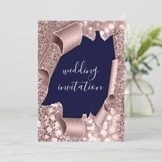 Blue Navy 3D Rose Gold Wedding Glitzer Einladung (Stehend Vorderseite)